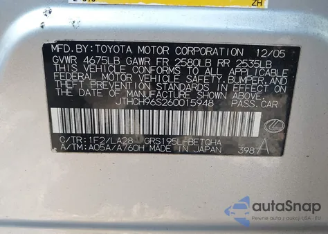 2006 Lexus Gs 300 z USA, uszkodzony, nr VIN JTHCH96S260015948